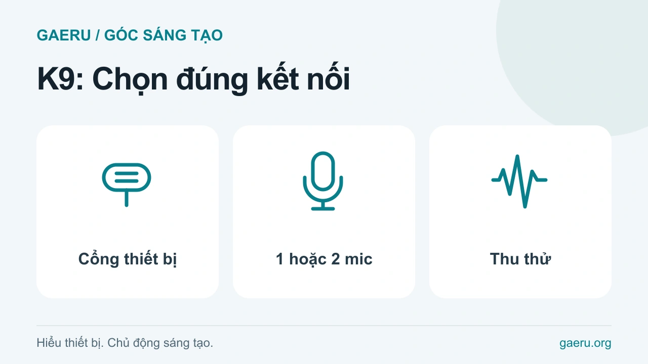 Minh họa K9: Chọn đúng kết nối: Cổng thiết bị, 1 hoặc 2 mic, Thu thử